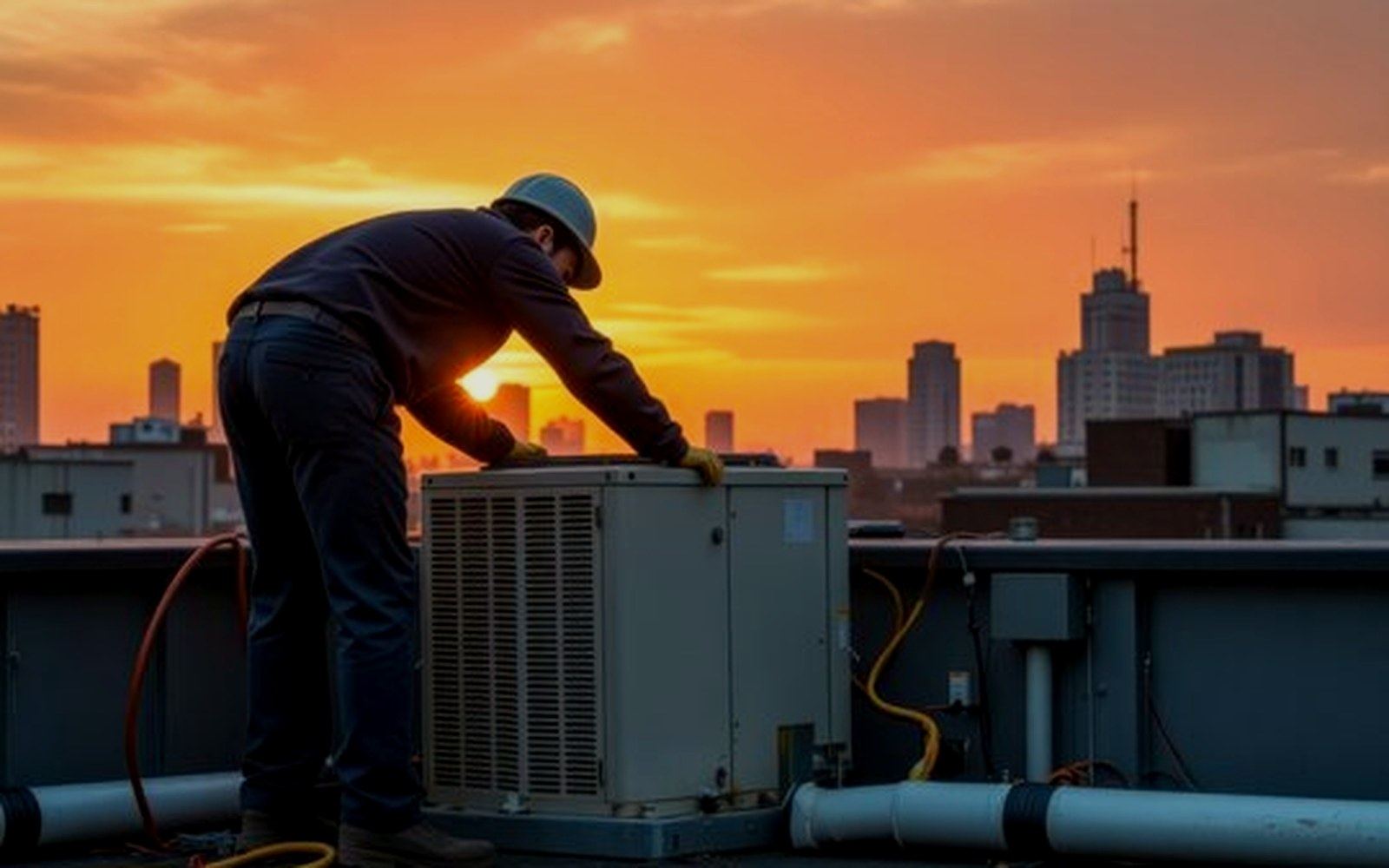 Illustration: a technician servicing a rooftop air-conditioning unit at sunset over Phoenix