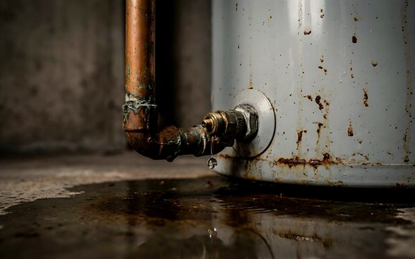 Illustration: a corroded water-heater fitting leaking onto a wet floor