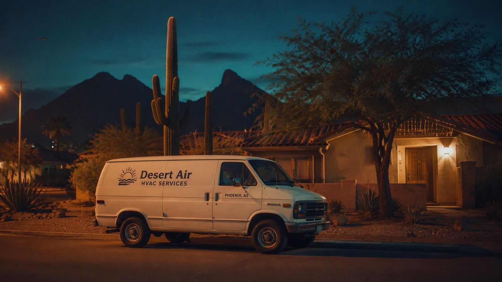 Illustration: the Desert Air sample service van parked outside a Phoenix home at dusk